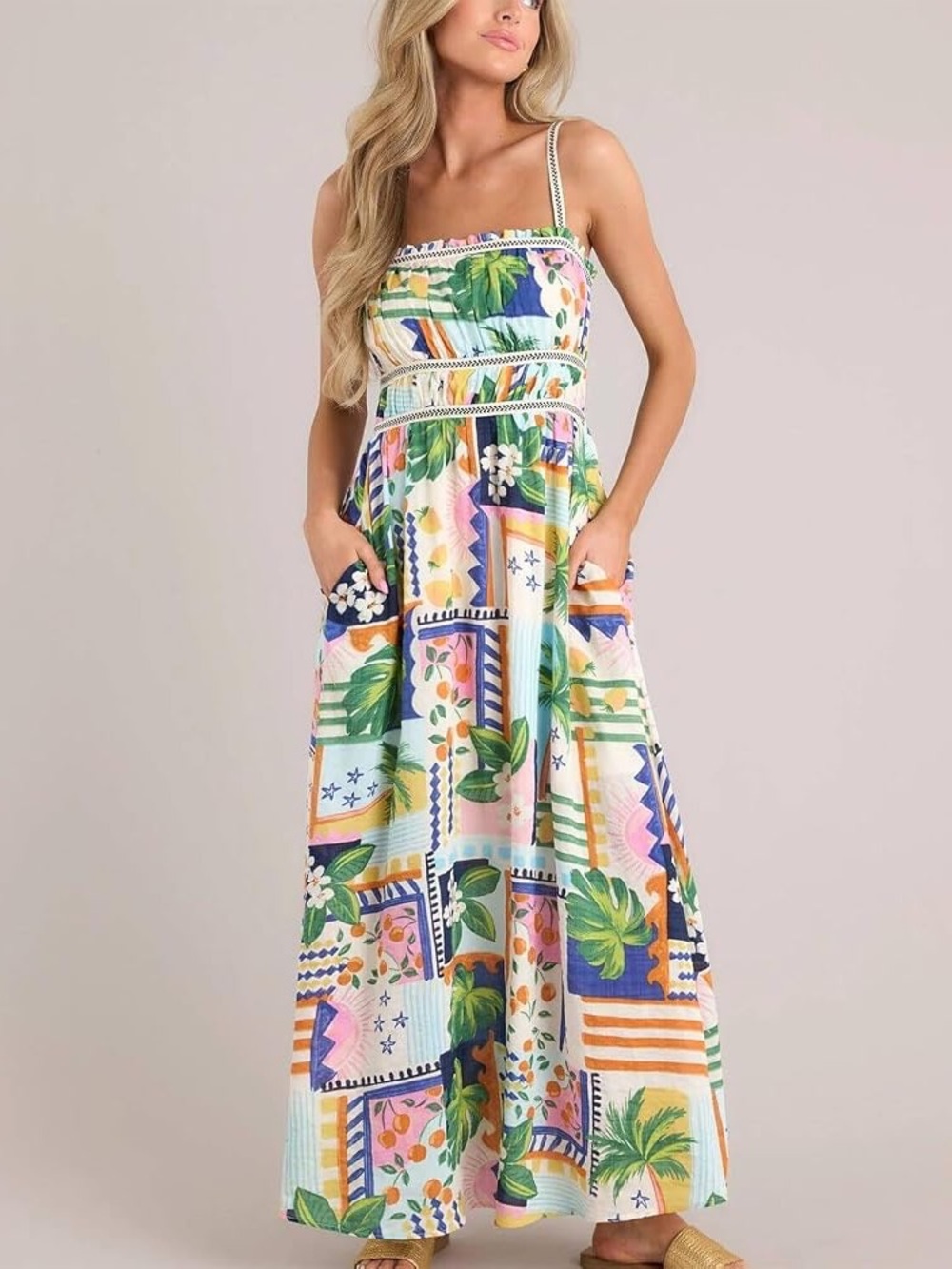 Colorful Tropical Print Maxi Dress – Spaghetti Strap – Textured Woven Fabric